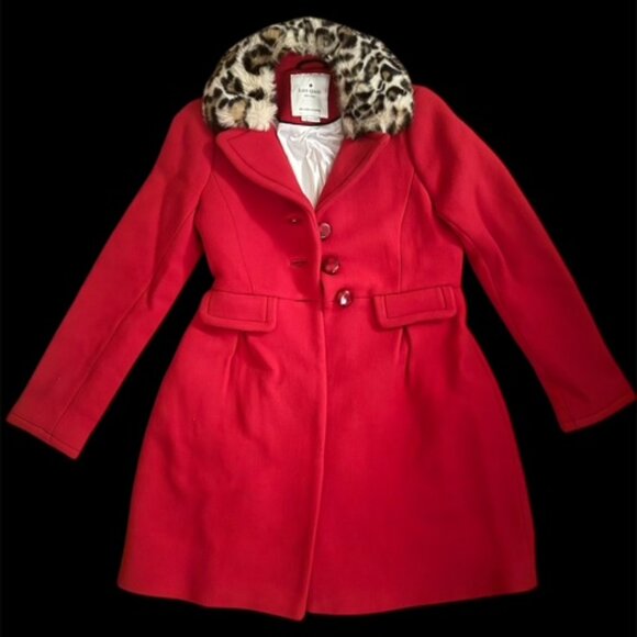 Gorgeous Kate Spade Red Wool Coat Faux Leopard Fur Collar Size 0 !!! - Picture 1 of 9